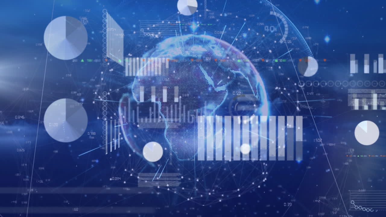 Animation of interface with statistical data processing and light trails over spinning globe