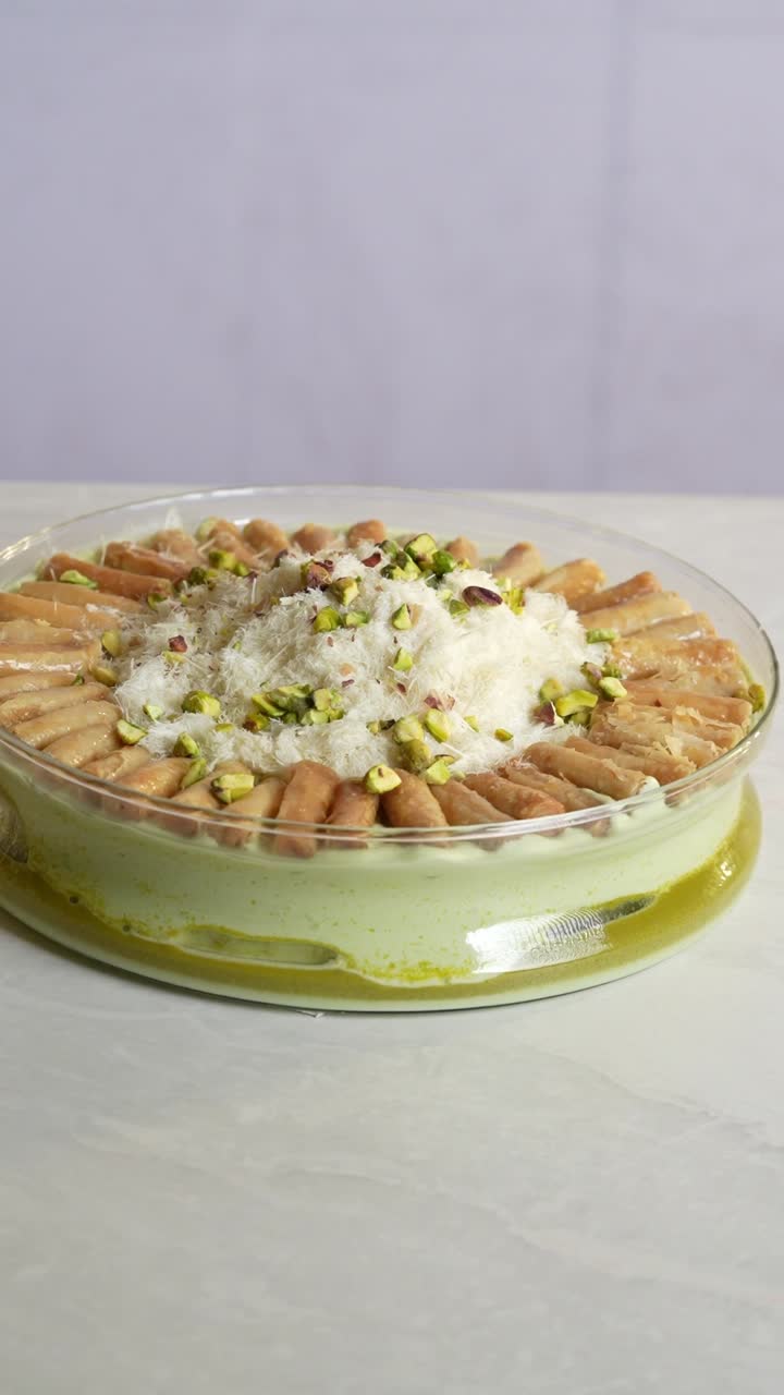 A view of a cake with sweets, close up shot, high angle shot