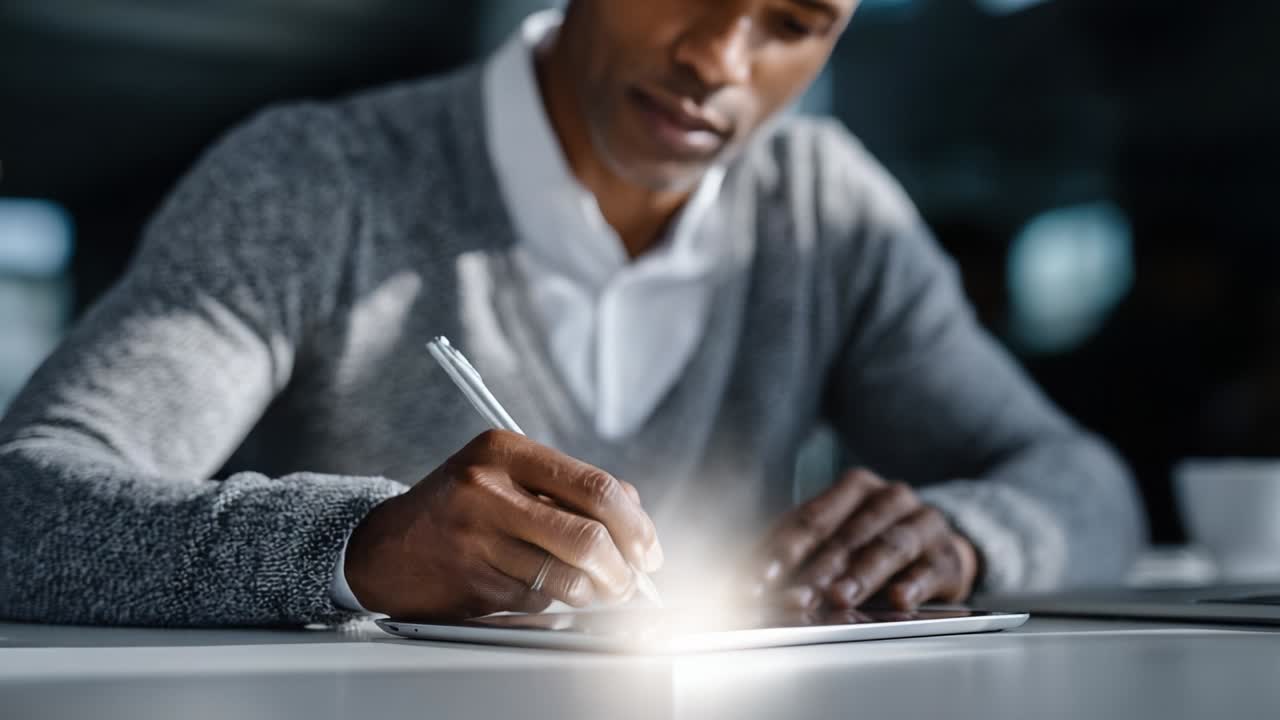 Focused on Creativity: A Close-Up of a Person Writing Thoughtfully with a Digital Pen on a Tablet, Highlighting the Importance of Digital Innovation and Modern Expression in Contemporary Workspaces