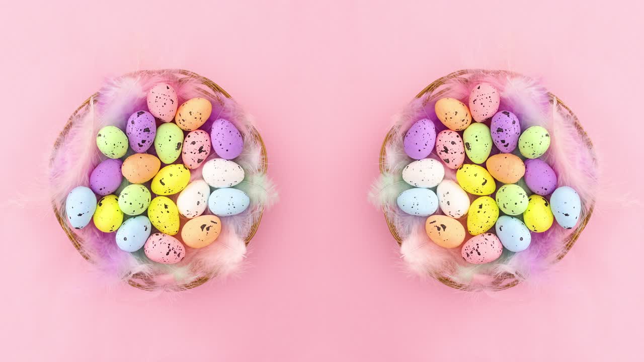 cestas de madera con huevos de pascua girando en tema rosa pastel. detenga el movimiento