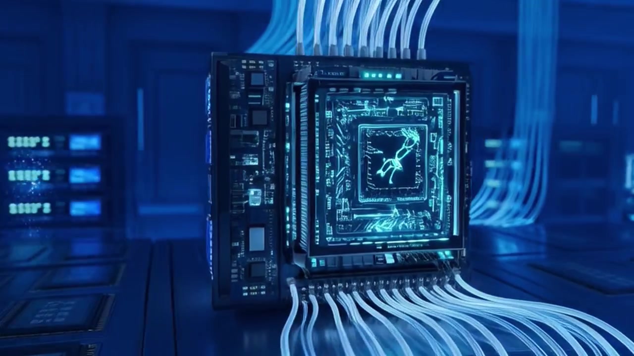 Futuristic Data Center with Advanced AI Processor and Holographic Displays