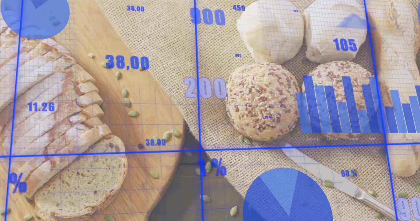 Sobreposição de início de reprodução animando 25% sobre pães com sementes em panorâmica para a esquerda, faca fatiando pão para estatísticas