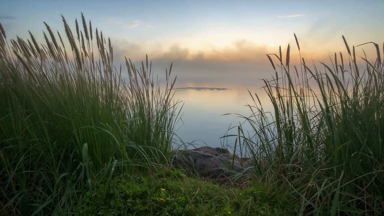 Inquadrando un'apertura erbosa, la telecamera rivela un sentiero che porta a un mare calmo, con la nebbia che si dirada mentre l'alba riscalda il cielo.