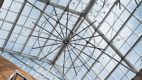 wide-angle view of a modern glass ceiling with decorative hanging installations shaped like birds, featuring geometric grid patterns and bright natural light from the sky above