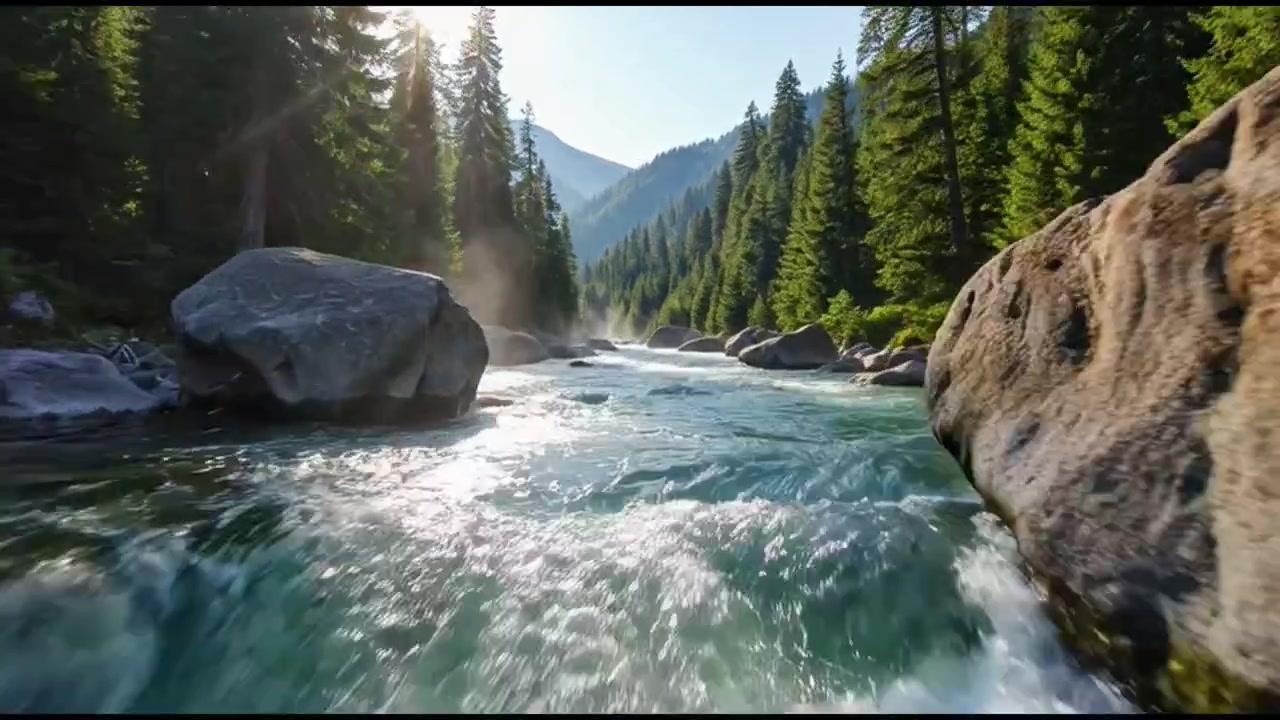 Fast Flowing River Through a Lush Pine Forest