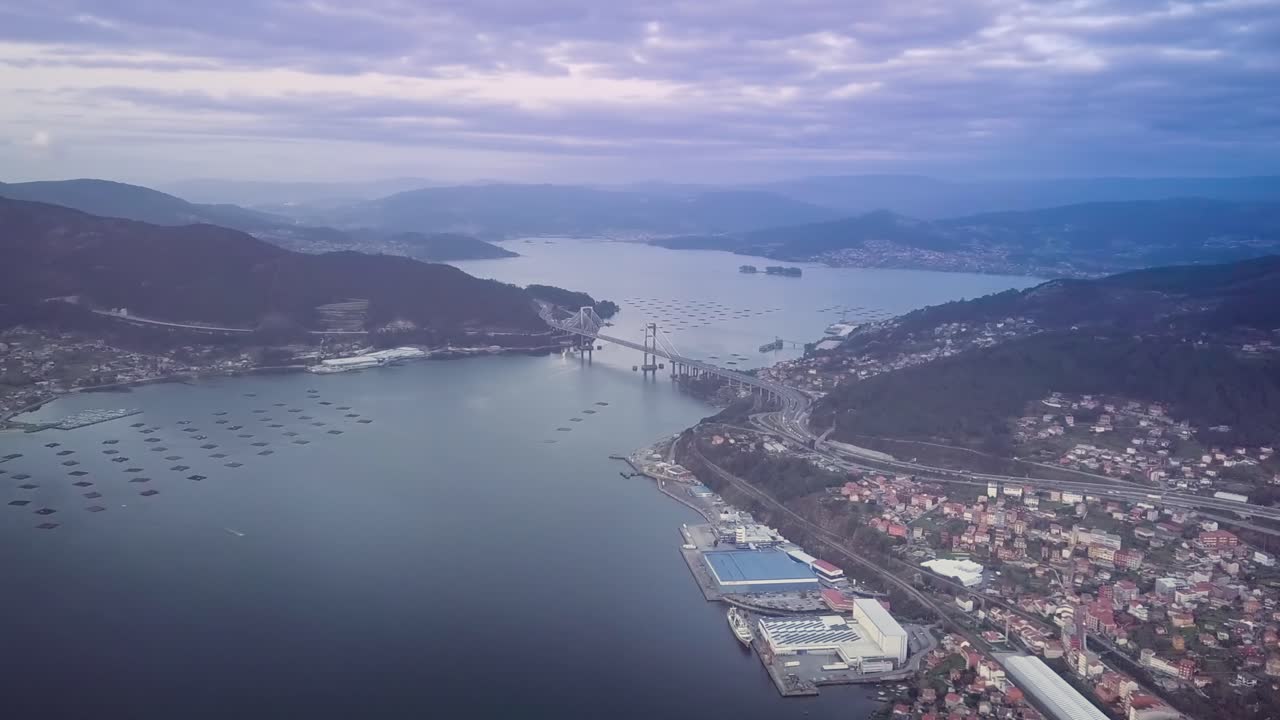 Aerial view of the important suspension bridge Rande in the ria de Vigo in Galicia at summer sunset