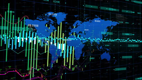 displaying world map, financial graphs, and data points in digital animation screen
