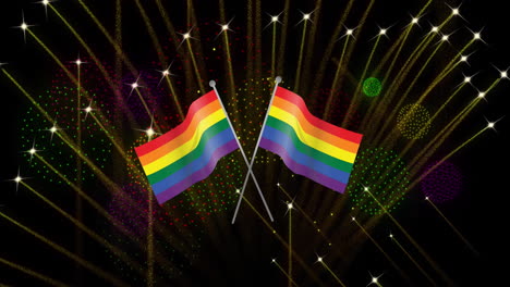 animación de banderas arco iris de orgullo y fuegos artificiales explotando sobre un fondo negro