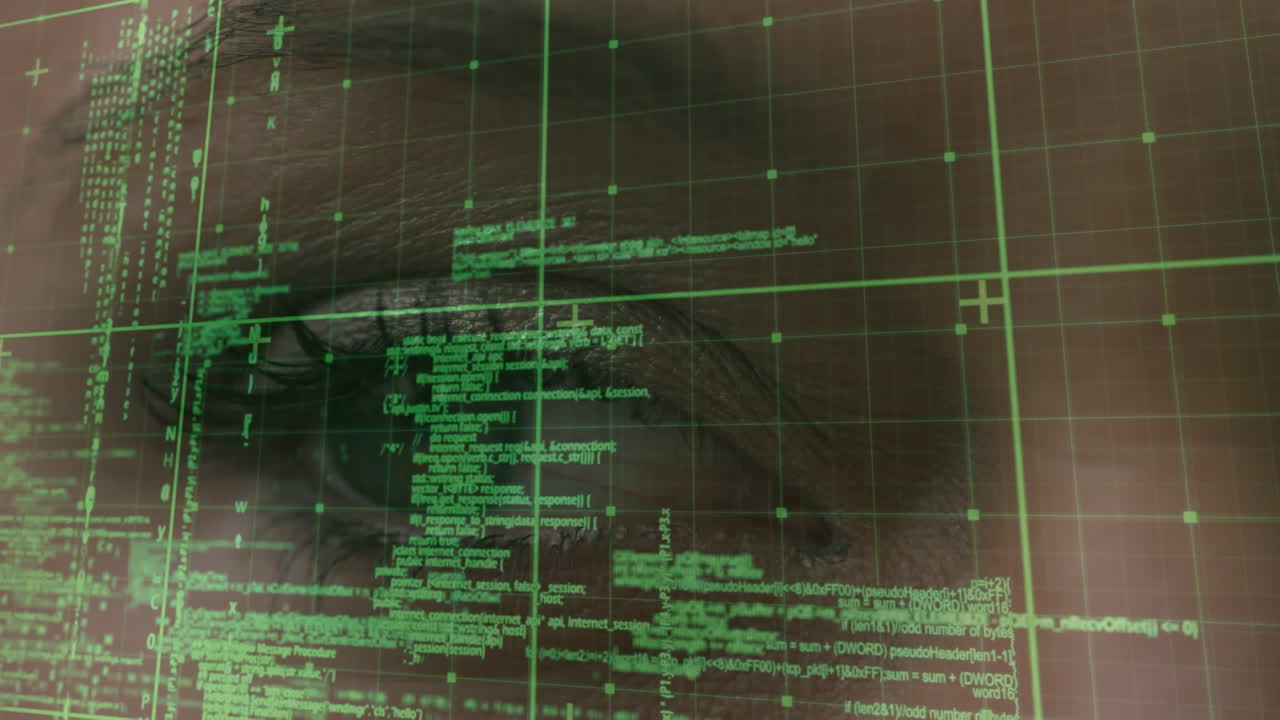 Animation of data processing over eye of caucasian woman