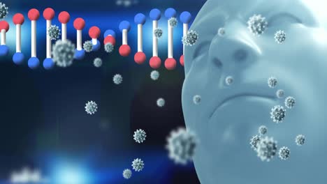 animation of falling cells and dna strand over human head 3d model on dark background