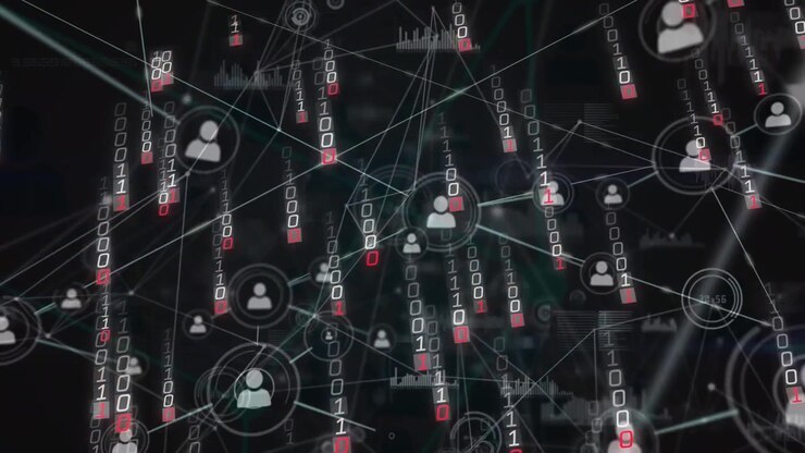 Animation of binary coding over network of profile icons and data processing on black background