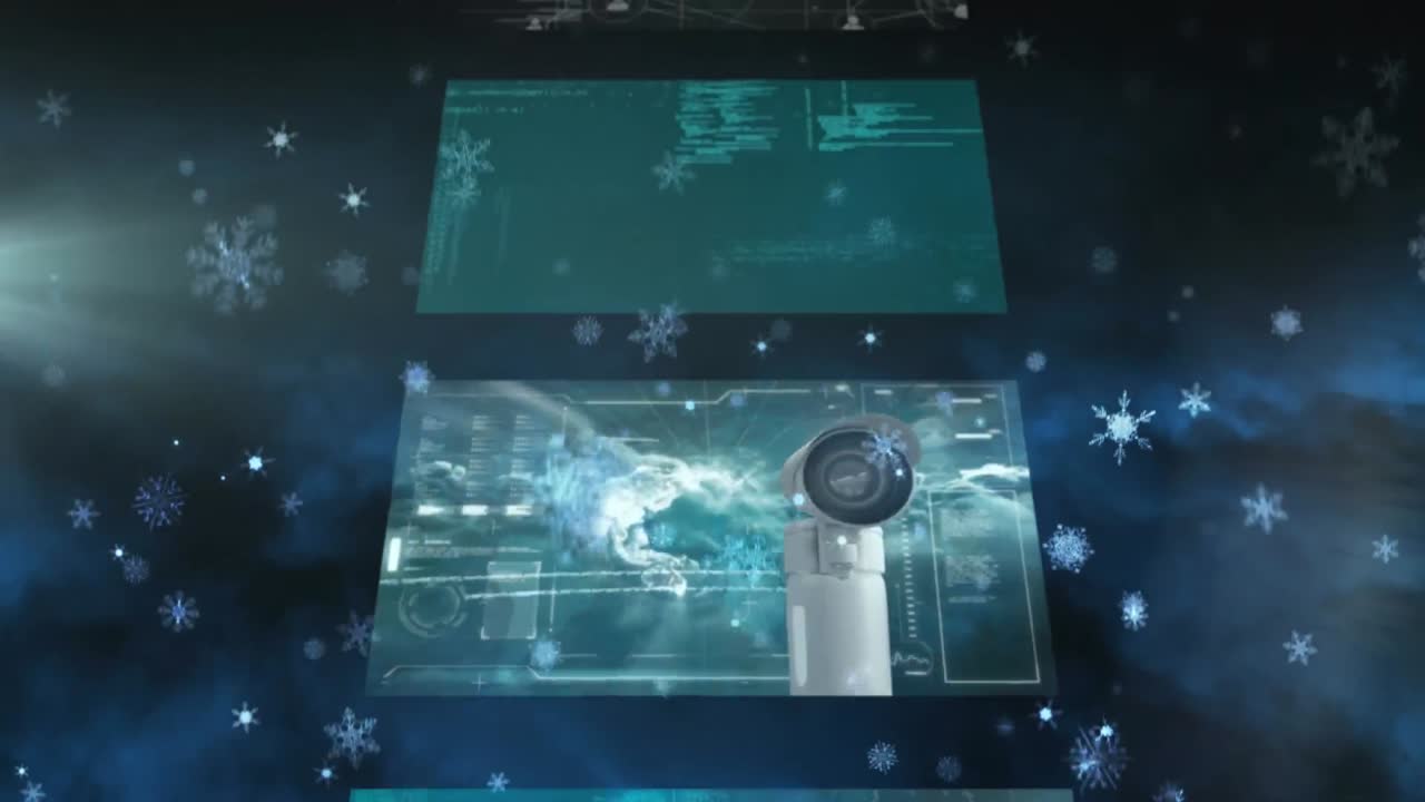 animación de copos de nieve que caen sobre pantallas de interfaz en cascada con procesamiento de datos, en negro