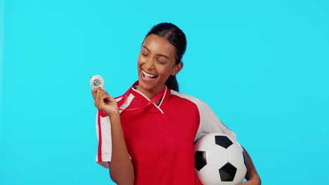 Sports-winner,-medal-and-excited-woman-with-soccer