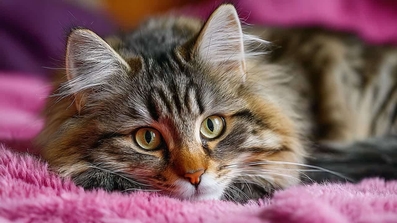 En smuk kat, der slapper af på et blødt, lyserødt tæppe og indfanger essensen af ro og nuttethed i sit blik med slående farver og pelsmønstre