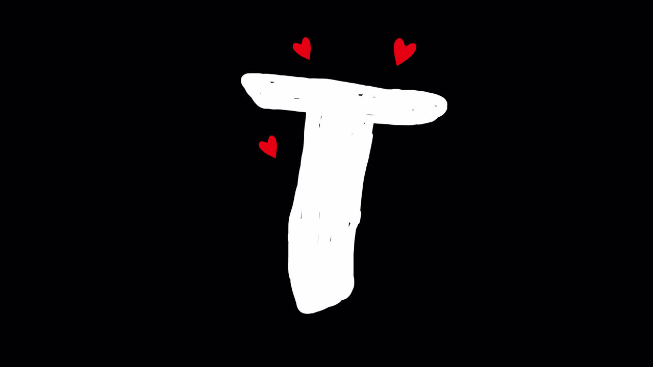 Lettera T animata disegnata a mano con cuori rossi