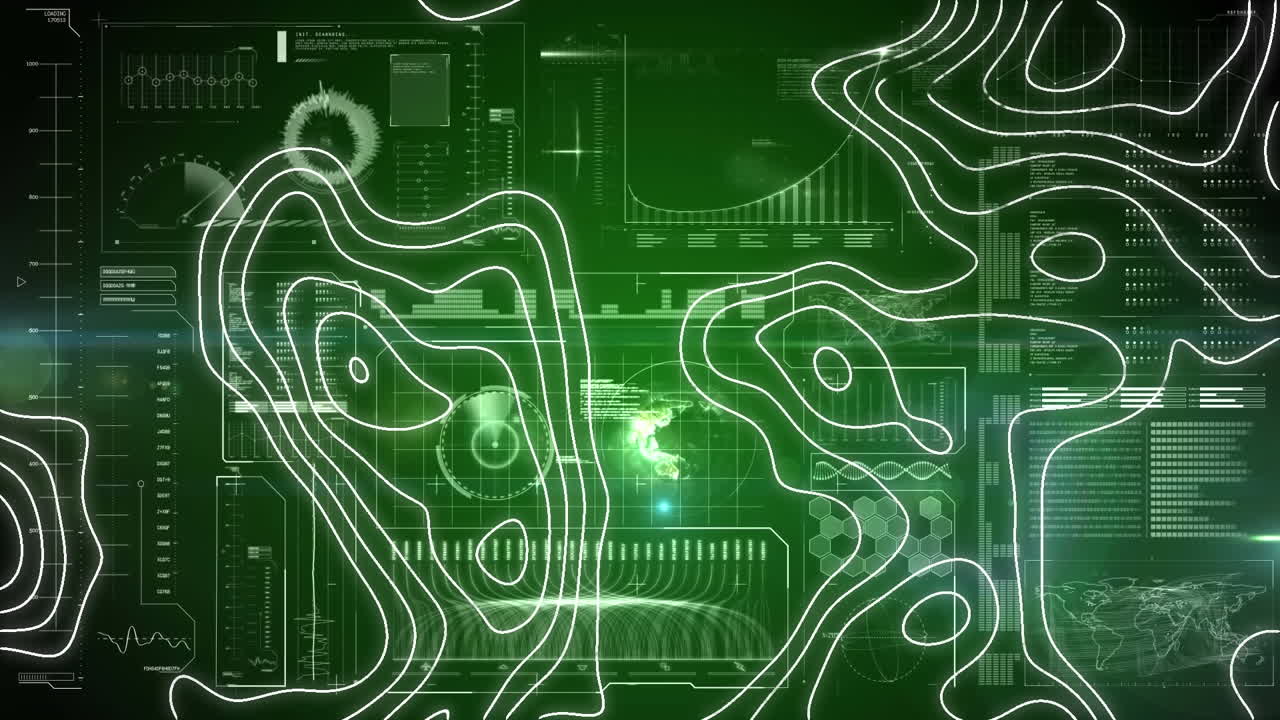Animation of moving topographical chart over green interface with information and data processing