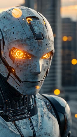 humanoid robot with glowing eyes in urban setting at sunset