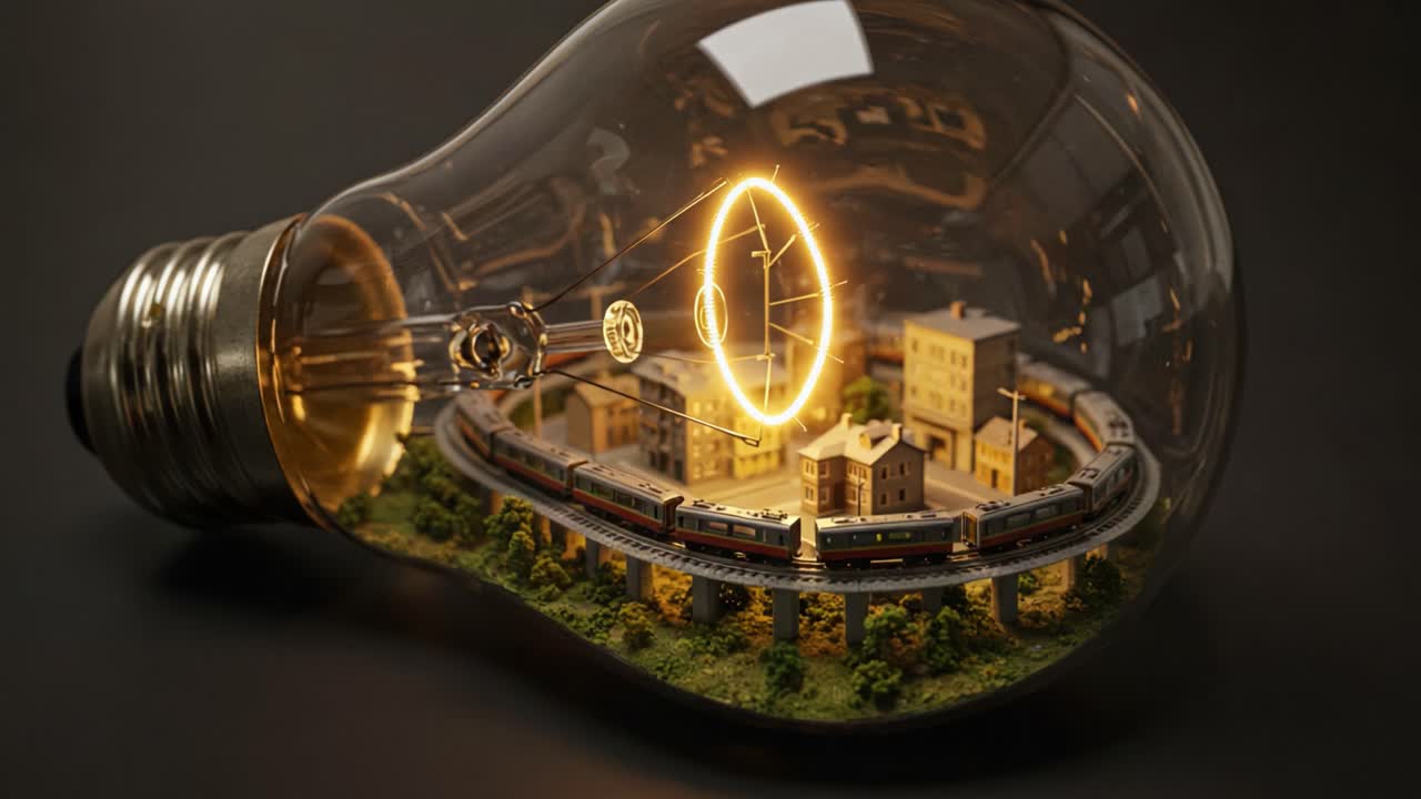 A Captivating Light Bulb Encasing a Miniature Train Scene with Towering Buildings and Lush Greenery, Illuminating Imagination and Creativity Through Unique Artistry