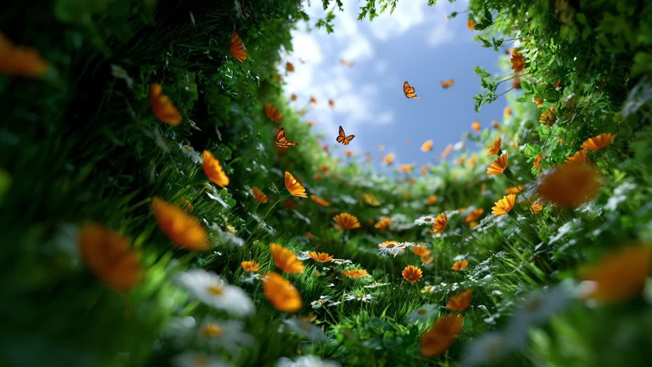 Una vista serena e vibrante di un incantevole sentiero fiorito sotto un cielo azzurro limpido, con farfalle svolazzanti che aggiungono alla bellezza del paesaggio naturale.