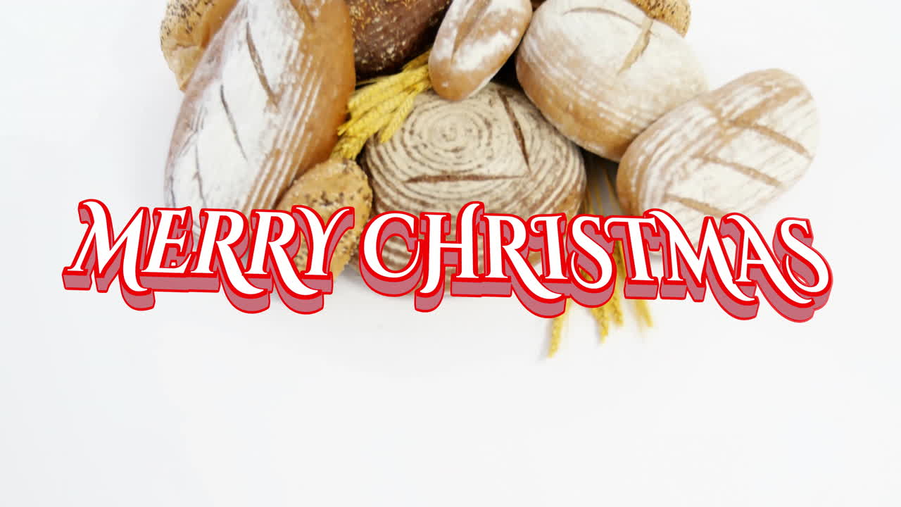In school, animation of assorted breads with Merry Christmas text in red and white