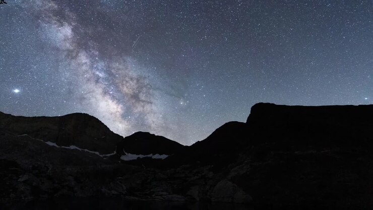 The Milky Way rises above mountain silhouettes under a clear night sky, timelapse shot
