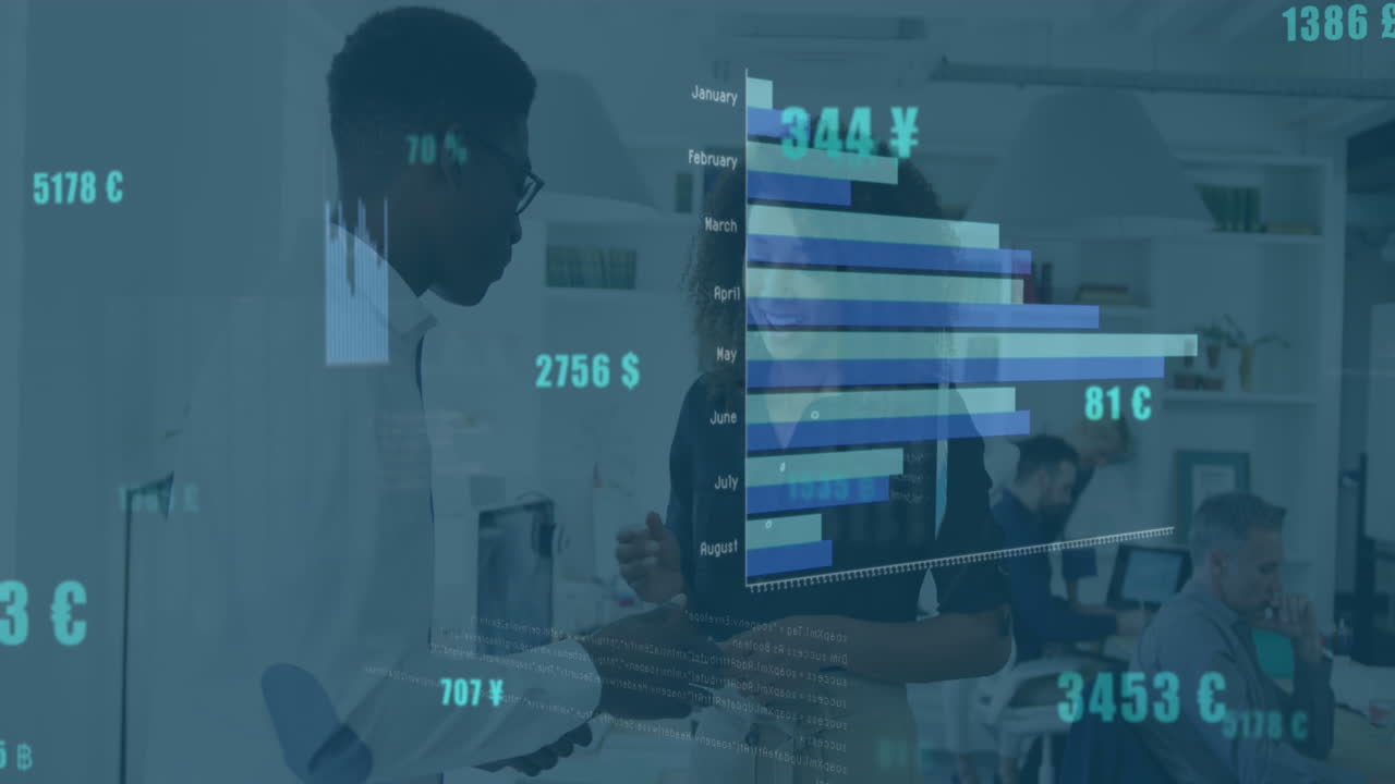 Animation of financial data processing over diverse business people working at office