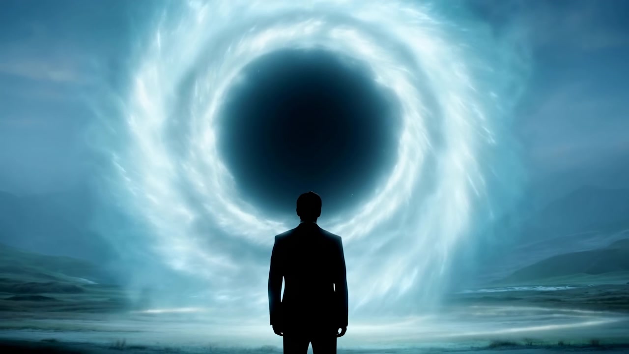 Dark silhouette remains centered as luminous circular energy swirls across blue landscape, with soft haze, bright rim lighting, reflective surface, and wide balanced composition.