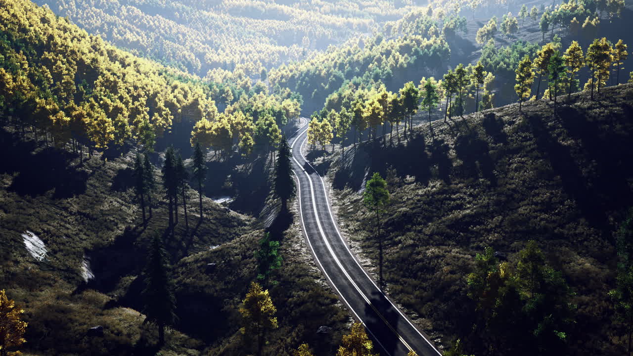 Scenic winding road through lush green hills during golden hour