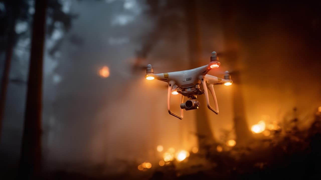 An Aerial Perspective of a Drone Capturing the Fiery Presence of Wildfires Surrounded by Dense Forestry, Highlighting Motion in a Smoke-Filled Atmosphere