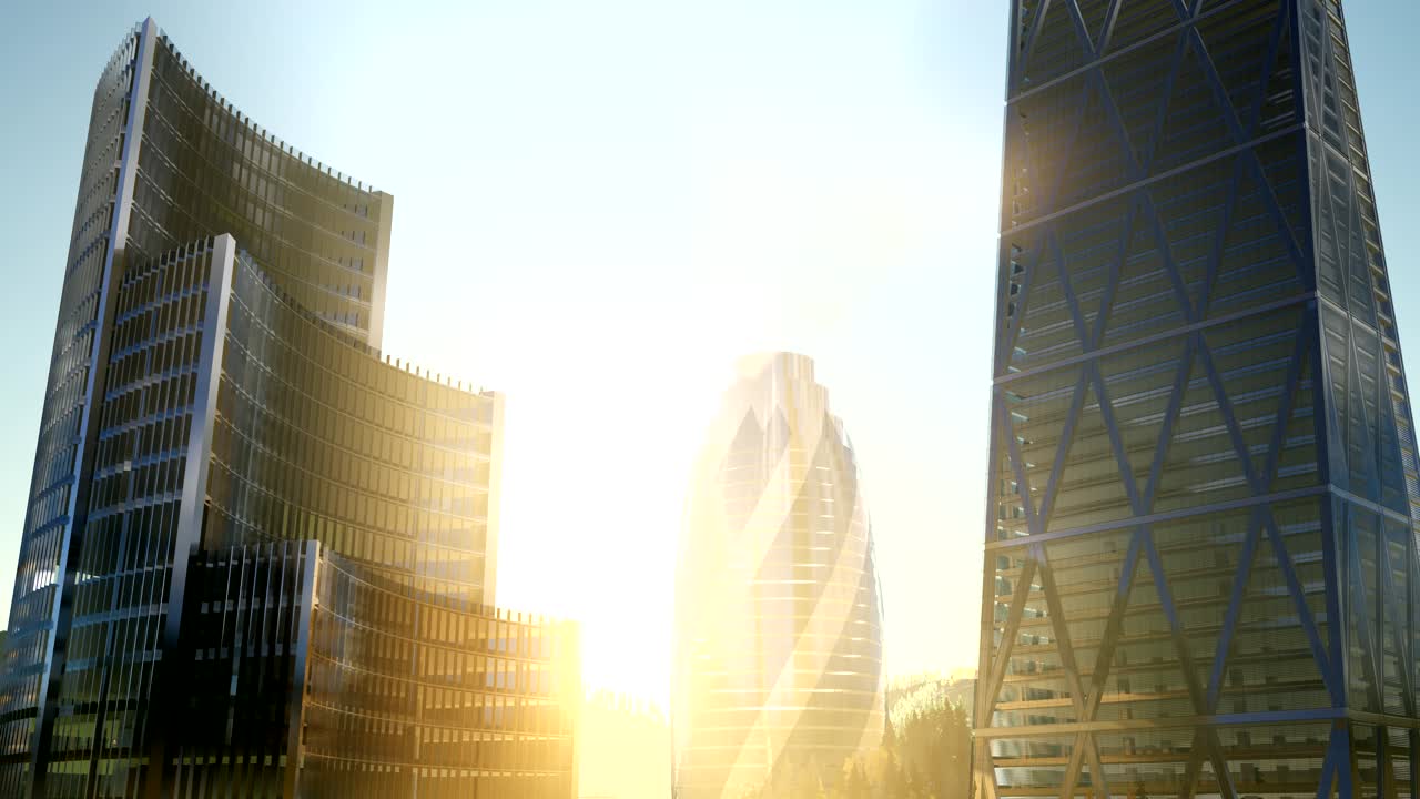 해가 지는 동안 렌즈로 빛나는 도시 마천루