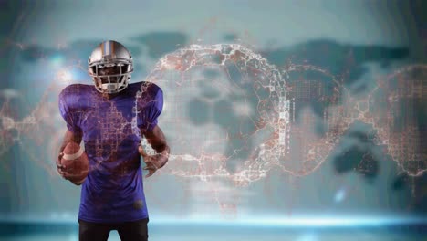 Animation-of-digital-brain-spinning-over-male-american-football-player-holding-ball