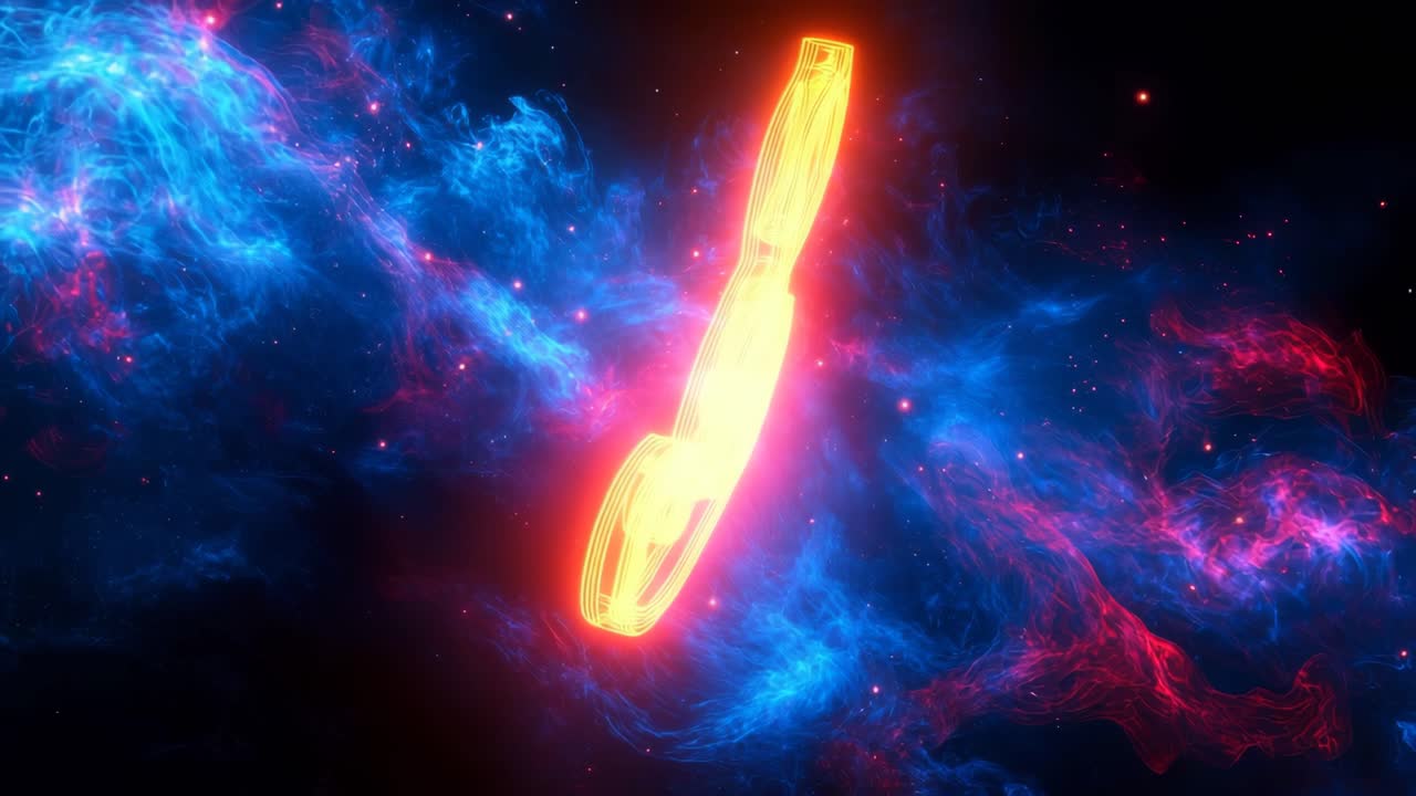 Colorful abstract music note in space. A glowing music note floats in vibrant cosmic colors within a dark universe, creating a captivating effect.
