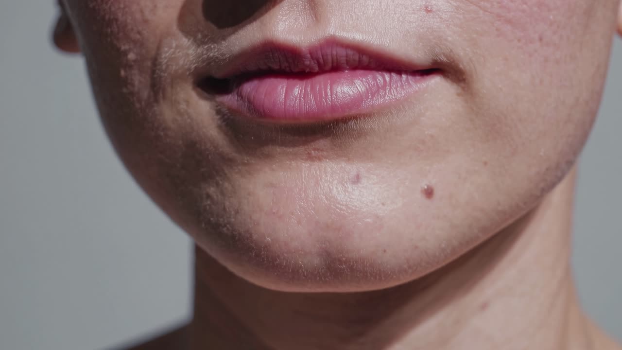 Close-up video shot of a person's lower face, focusing on skin texture and natural features