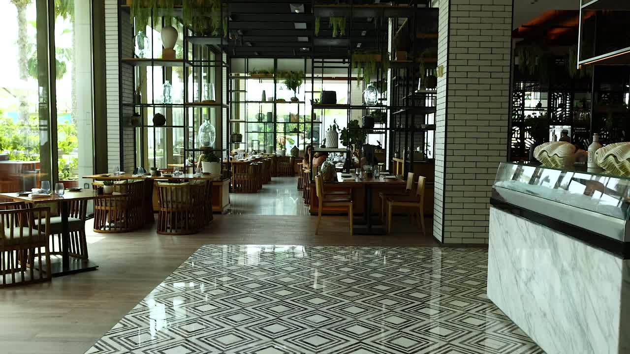 현대적인 장식과 좌석을 갖춘 고급스러운 식당