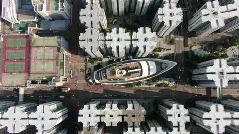 aerial view of hong kong whampoa buildings and unique cruise ship shaped shopping mall