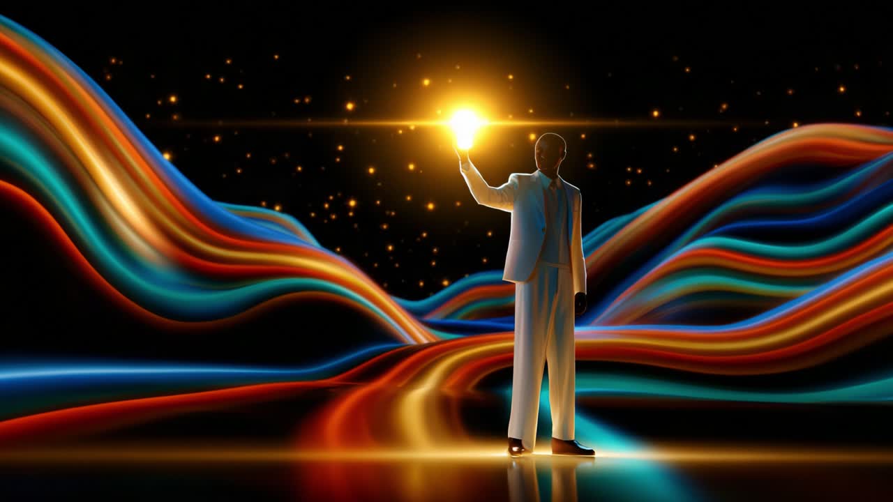 A figure in a white suit stands against a mesmerizing backdrop of colorful waves and shimmering stars, holding a glowing object, evoking a sense of wonder and enchantment through light and color dynamics