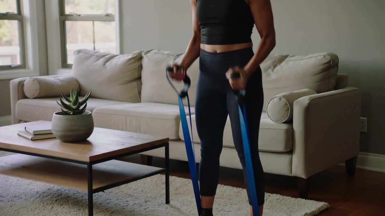 Stepping on blue band, woman in black workout clothes pulling handles in living room, toning arms