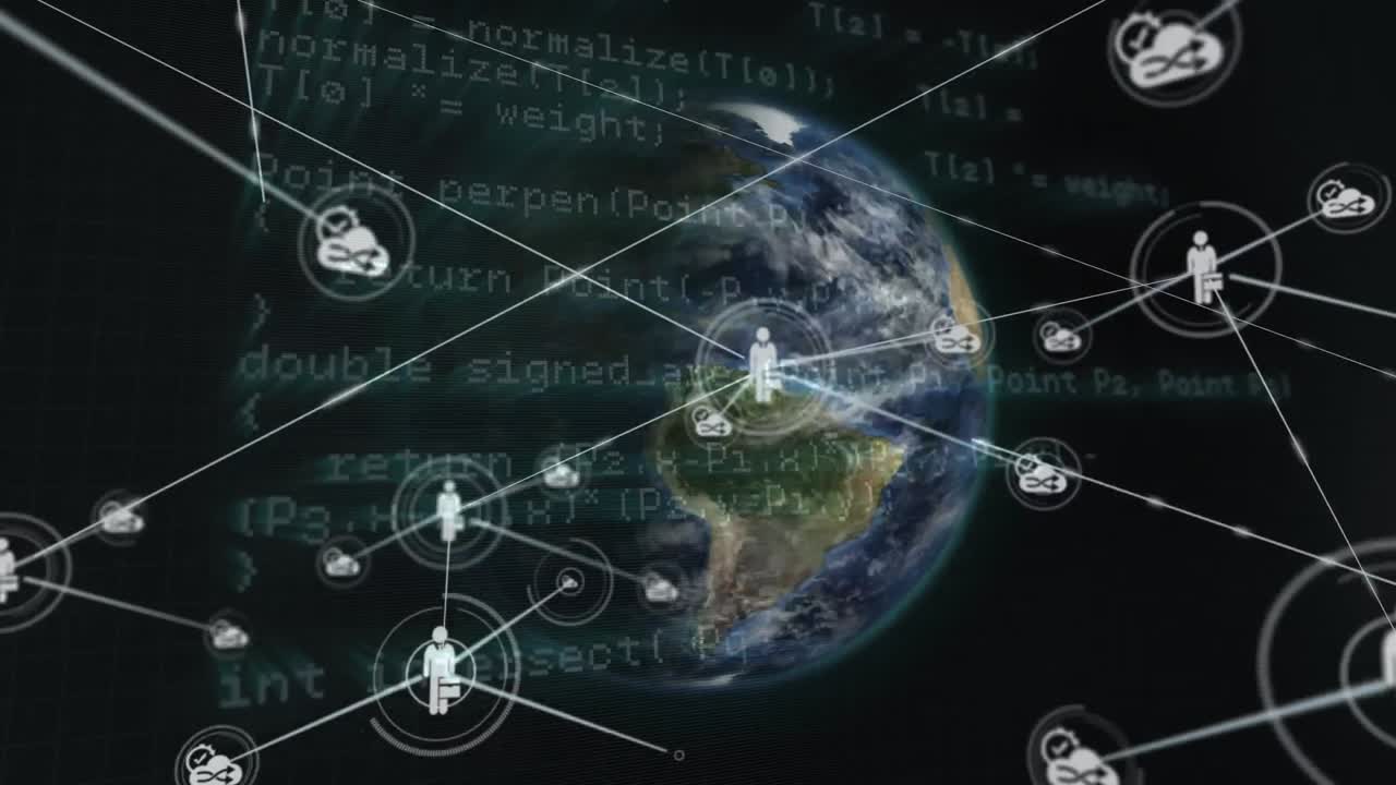 Animation of network of connections with icons over globe and grid