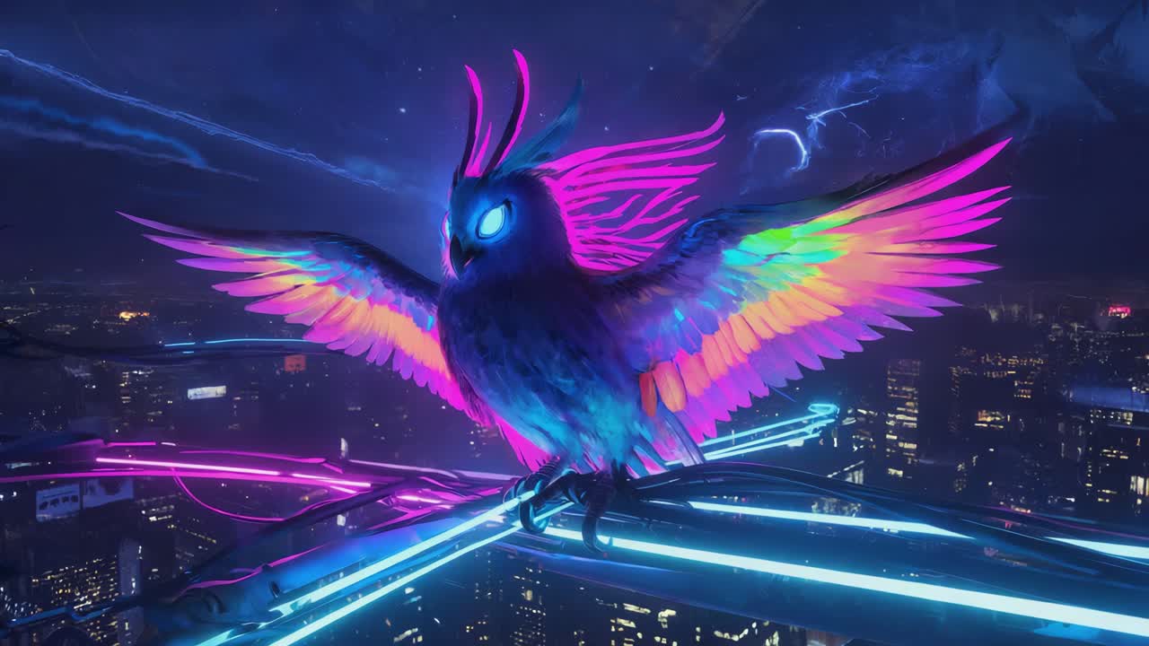 Neon Cyberpunk Owl Overlooking Cityscape