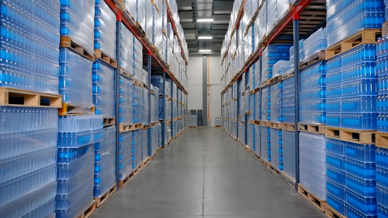 Corridoio centrale simmetrico in un grande magazzino industriale fiancheggiato da alte scaffalature metalliche impilate con pallet di legno di acqua in bottiglie di plastica blu avvolte in pellicola.