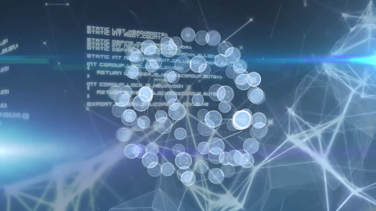 디지털 아이콘과 데이터 처리로 연결된 네트워크의 지구의 애니메이션