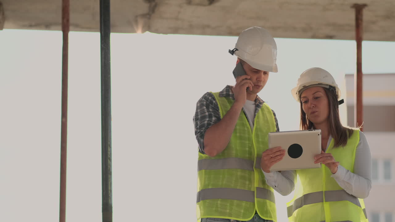 el controlador es un hombre de un edificio en construcción hablando por teléfono con la administración y ha discutido con el ingeniero y la arquitecta el progreso de la construcción.