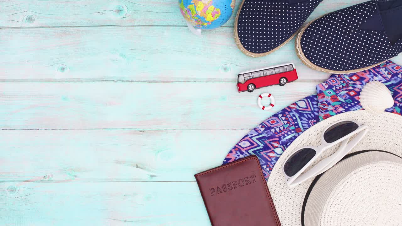 Travel feminine accessories for vacation moving and blinking. Stop motion