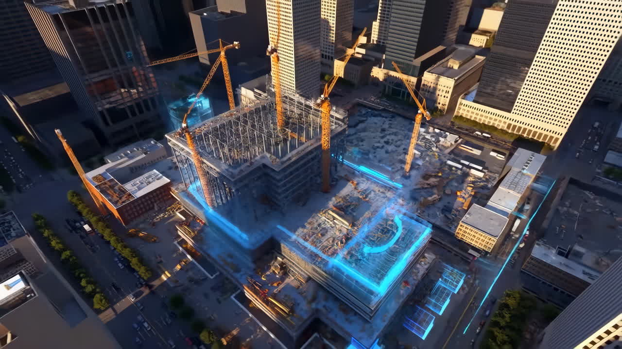 High-Rise Construction with Advanced Digital Planning Overlay in Cityscape