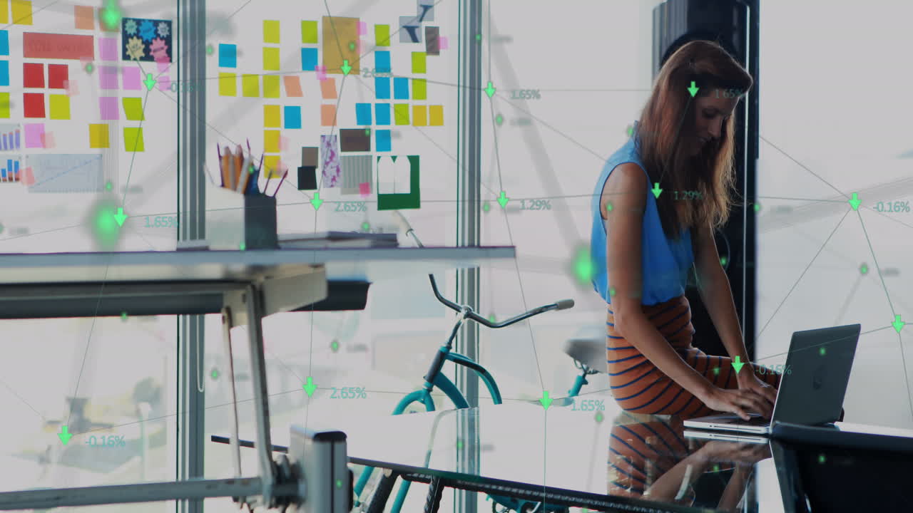 animación de conexiones, estadísticas y procesamiento de datos sobre mujeres de negocios.