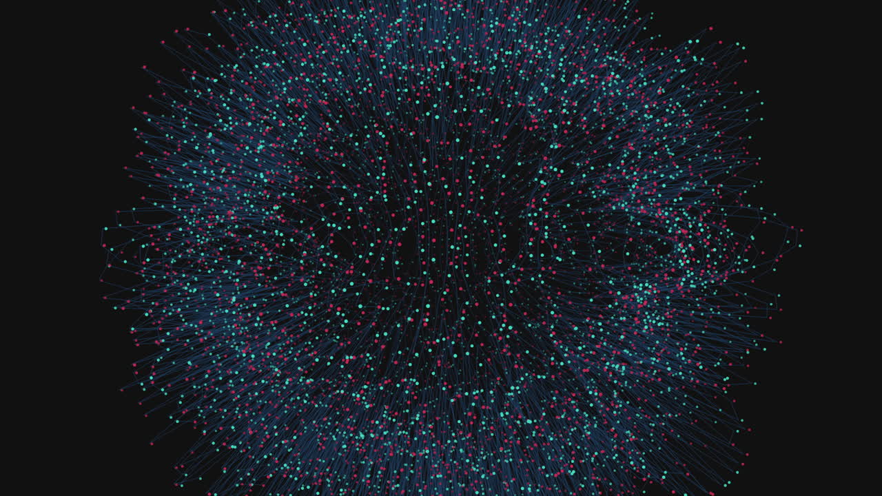 Dynamic abstract footage of a glowing spherical data network made of colorful particles and connecting lines on a dark background, ideal for technology, AI, big data or cybersecurity concepts