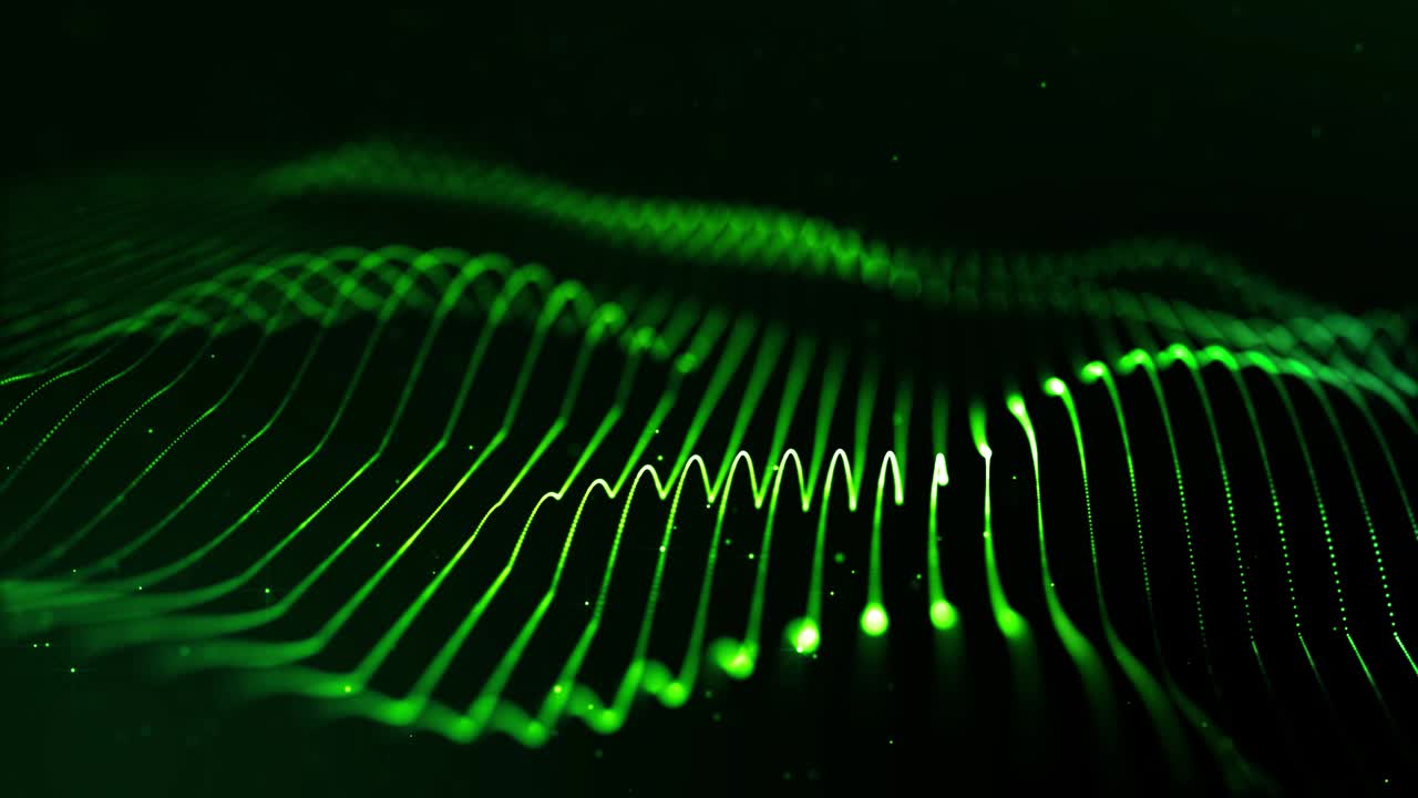 4k looped sci-fi green background with bokeh and light effects. Glow red color particles form lines, surfaces, string structures as virtual space or hologram for HUD screen. 15