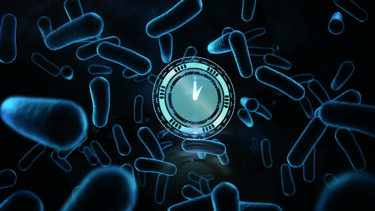 혈액 세포 위를 회전하는 시계와 원형 스캐너의 애니메이션