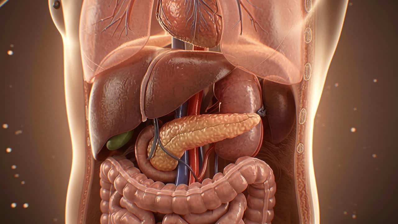 Human digestive organs moving within transparent torso showing liver pancreas stomach and intestines in detail