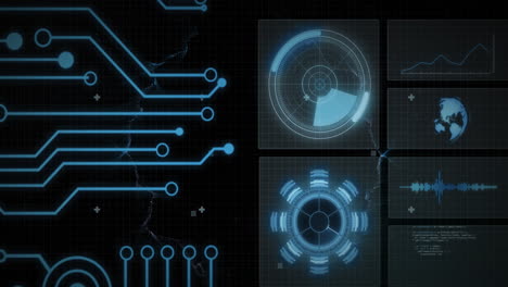 animation of scope scanning and data processing over screens and computer circuit board